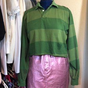 Green striped collar crop top long sleeve